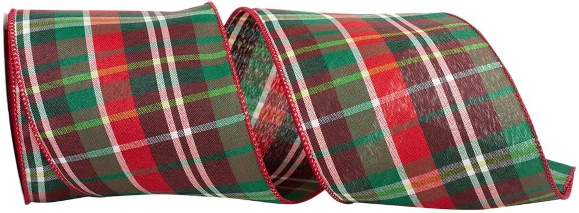 JAM Paper 4" x 10yd. Red & Green Grand Christmas Plaid Traditional Value Wired Edge Ribbon